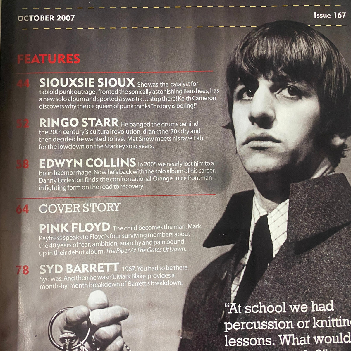 Features page from Mojo Music Magazine October 2007, showcasing notable artists including Siouxsie Sioux, Ringo Starr, and Pink Floyd along with an issue number.