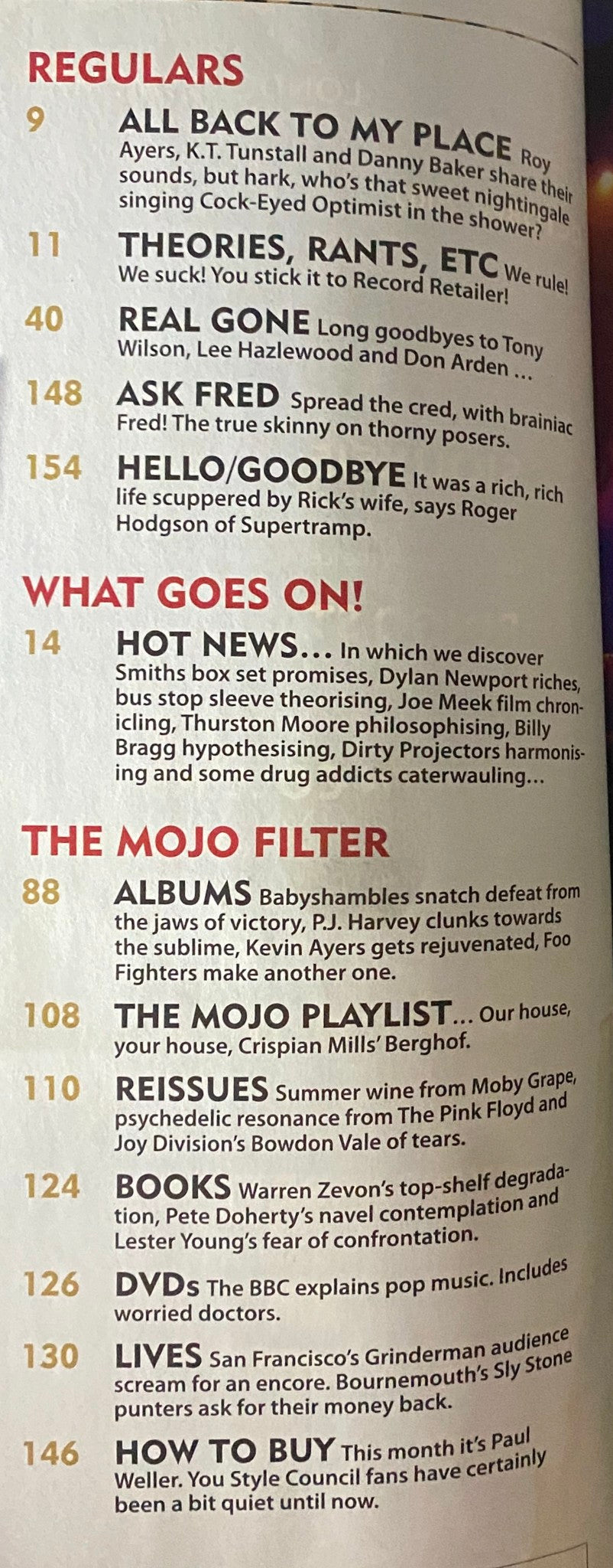 Contents page from Mojo Music Magazine October 2007, outlining sections including 'All Back To My Place' and 'The Mojo Filter' with issue details.