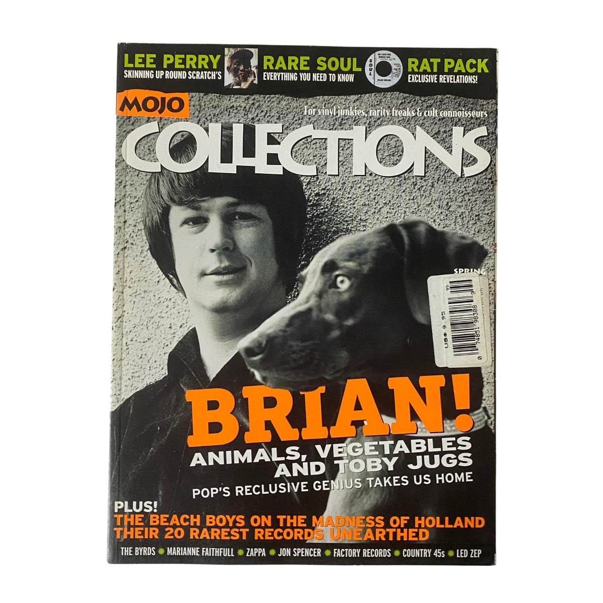 Mojo Collections Magazine Spring 2002 featuring Brian Wilson on the cover alongside a dog, highlighting music articles including Lee Perry and The Beach Boys.