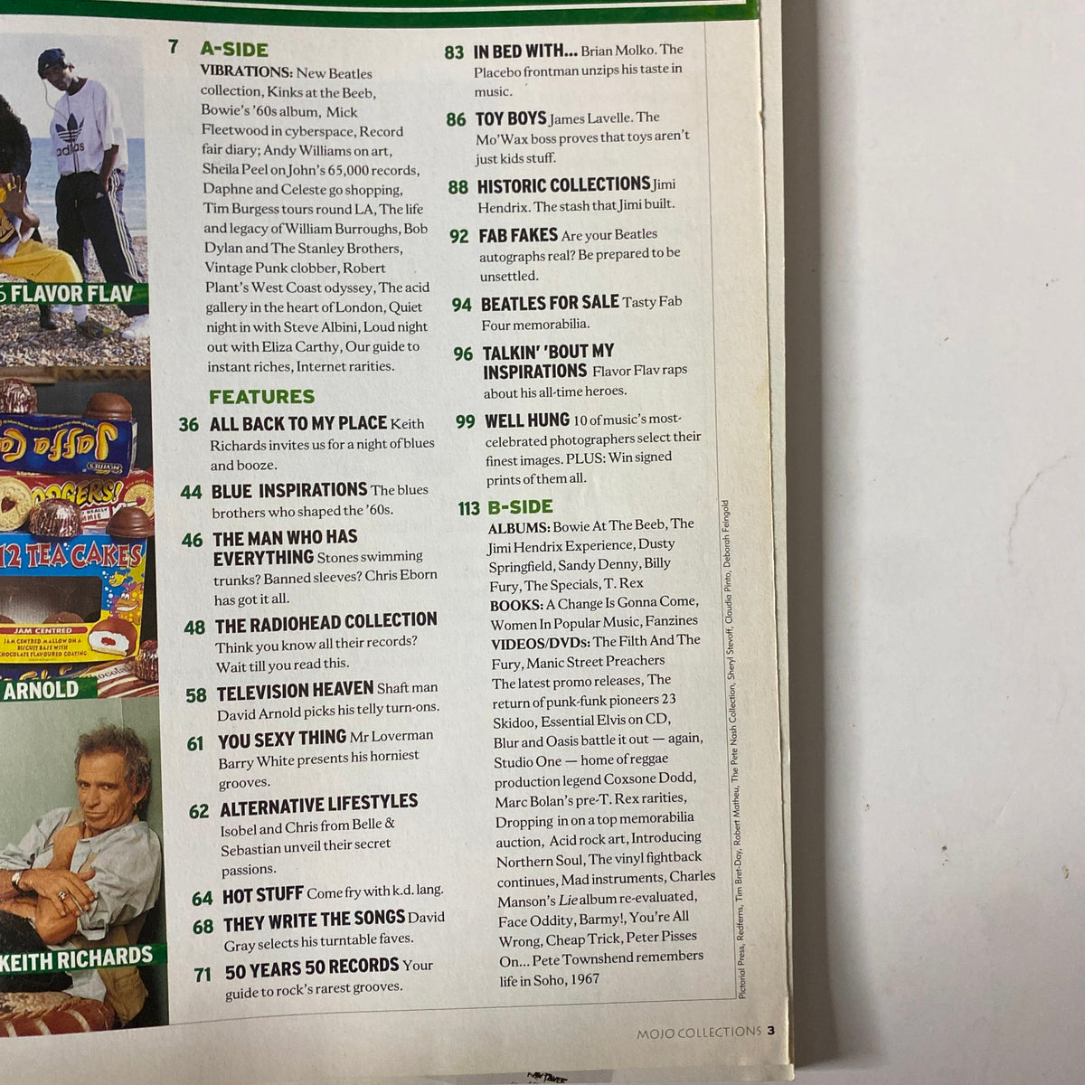 Inside pages of Mojo Collections Magazine Winter 2000, listing features and articles including Keith Richards and Radiohead, showcasing topics on music history and reviews.