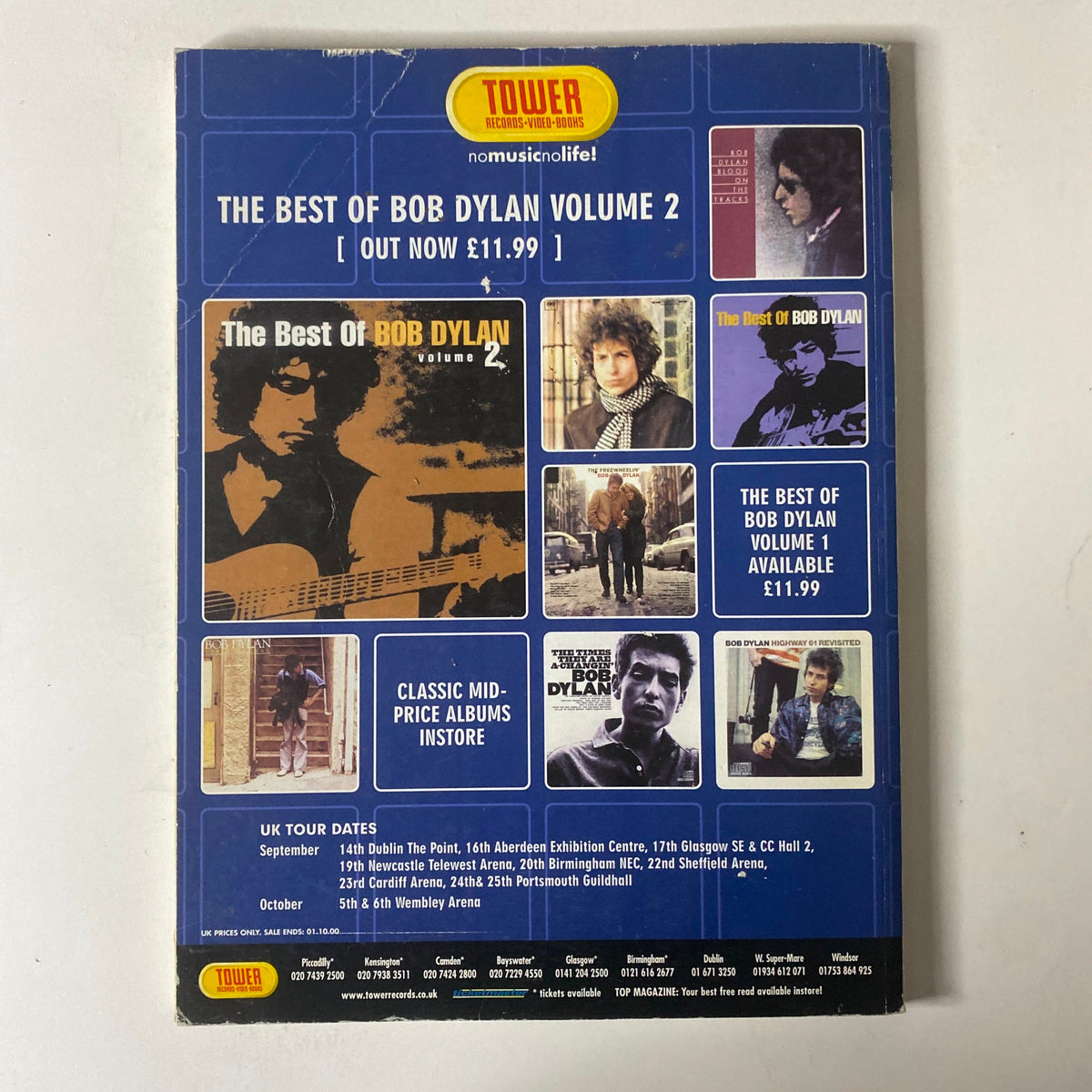 Back cover of Mojo Collections Magazine Winter 2000 featuring Keith Richards, showcasing ads for Bob Dylan's best albums and UK tour dates, in very good condition.