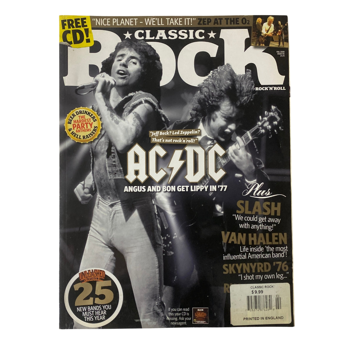 Classic Rock Magazine February 2008 featuring AC/DC on the cover with Angus Young and Bon Scott. Cover highlights: Free CD, includes features on Van Halen, Lynyrd Skynyrd, and more.