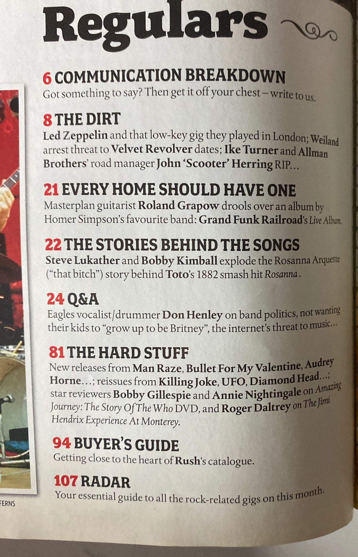 Regulars section of Classic Rock Magazine February 2008, featuring articles on communication breakdown, The Dirt, and stories behind famous songs.