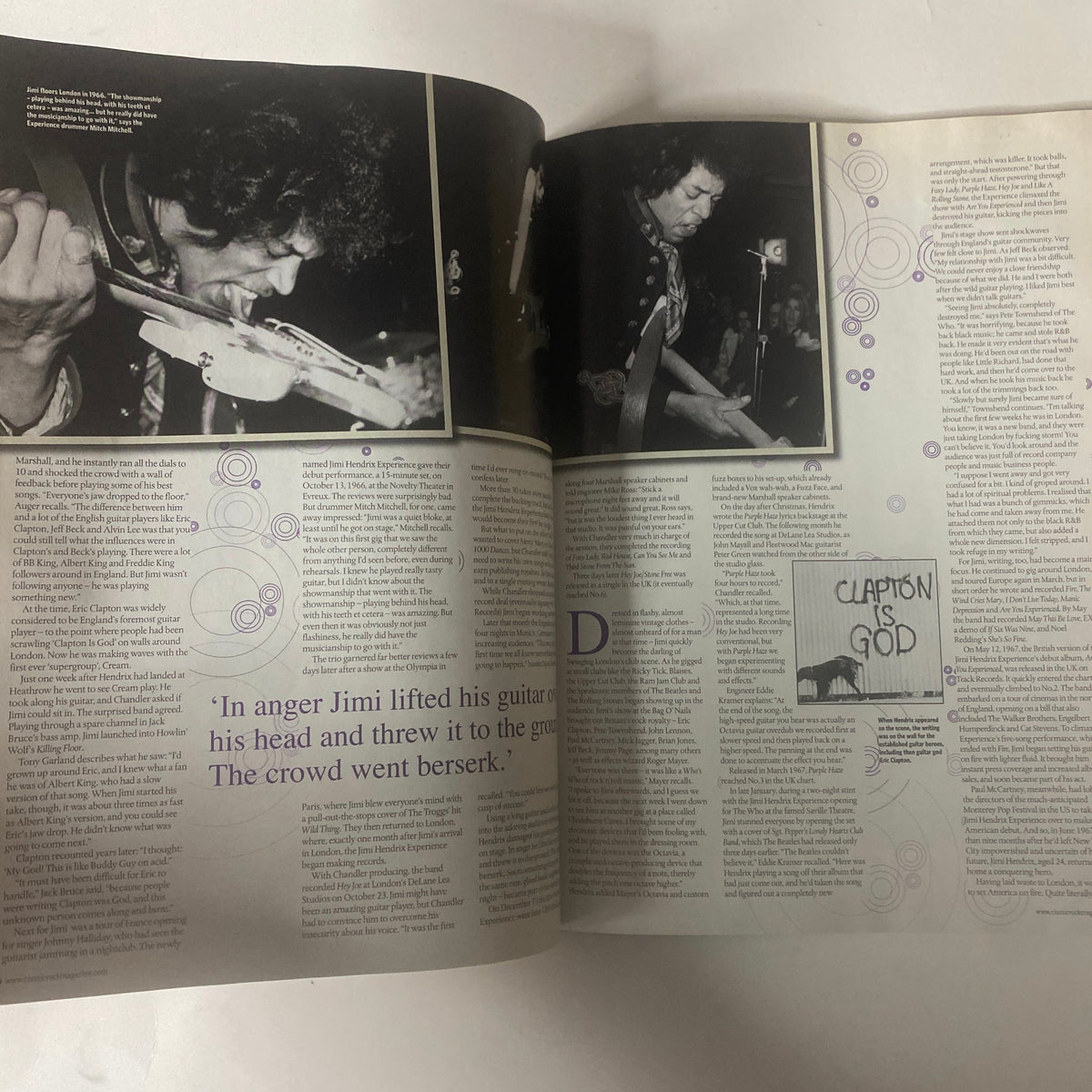 Jimi Hendrix article continuation from Classic Rock Magazine April 2007, showcasing another powerful image of Hendrix during a performance and discussing his legendary guitar skills.