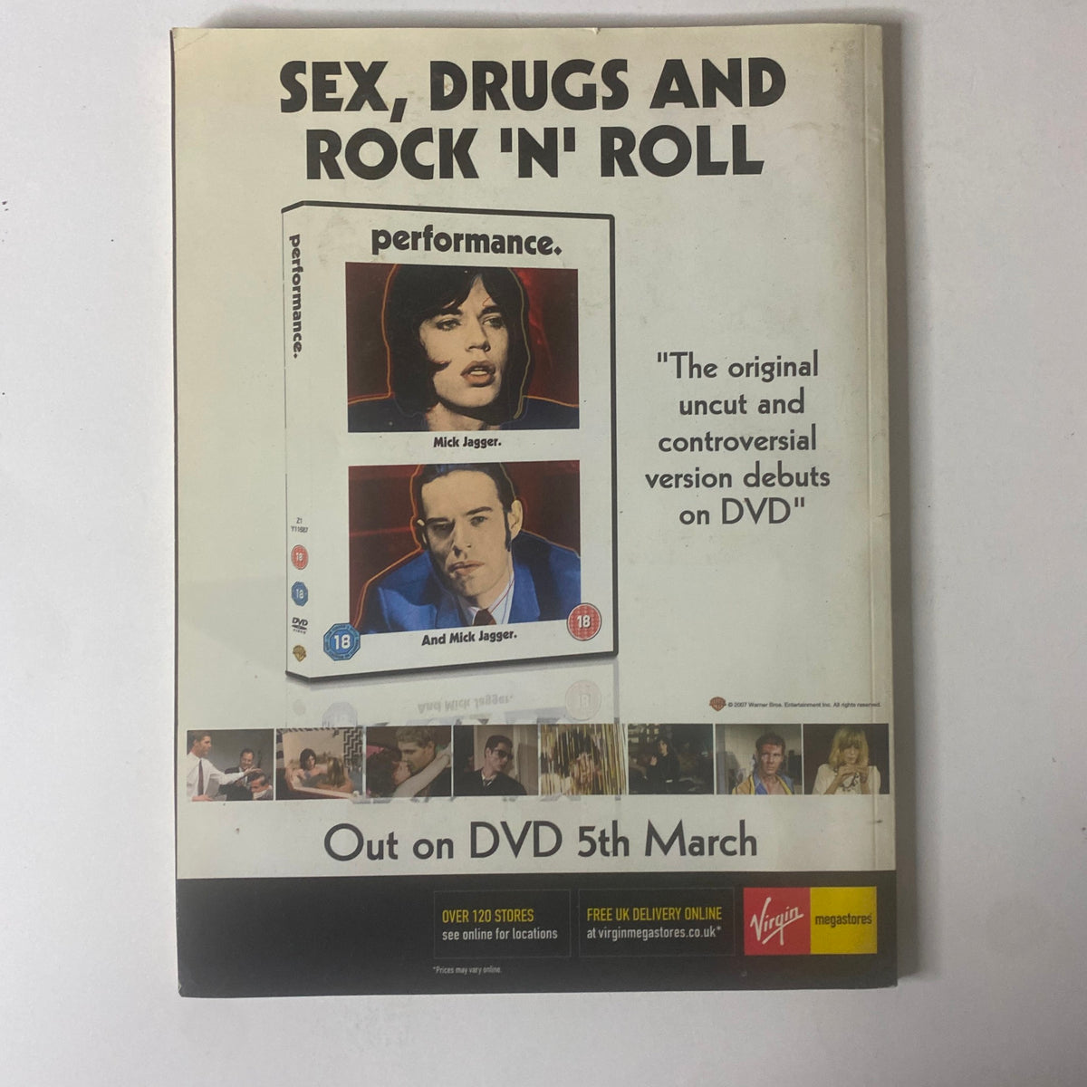 Back cover of Classic Rock Magazine April 2007 promoting the DVD release of 'Performance,' emphasizing the theme of 'Sex, Drugs and Rock 'n' Roll'.