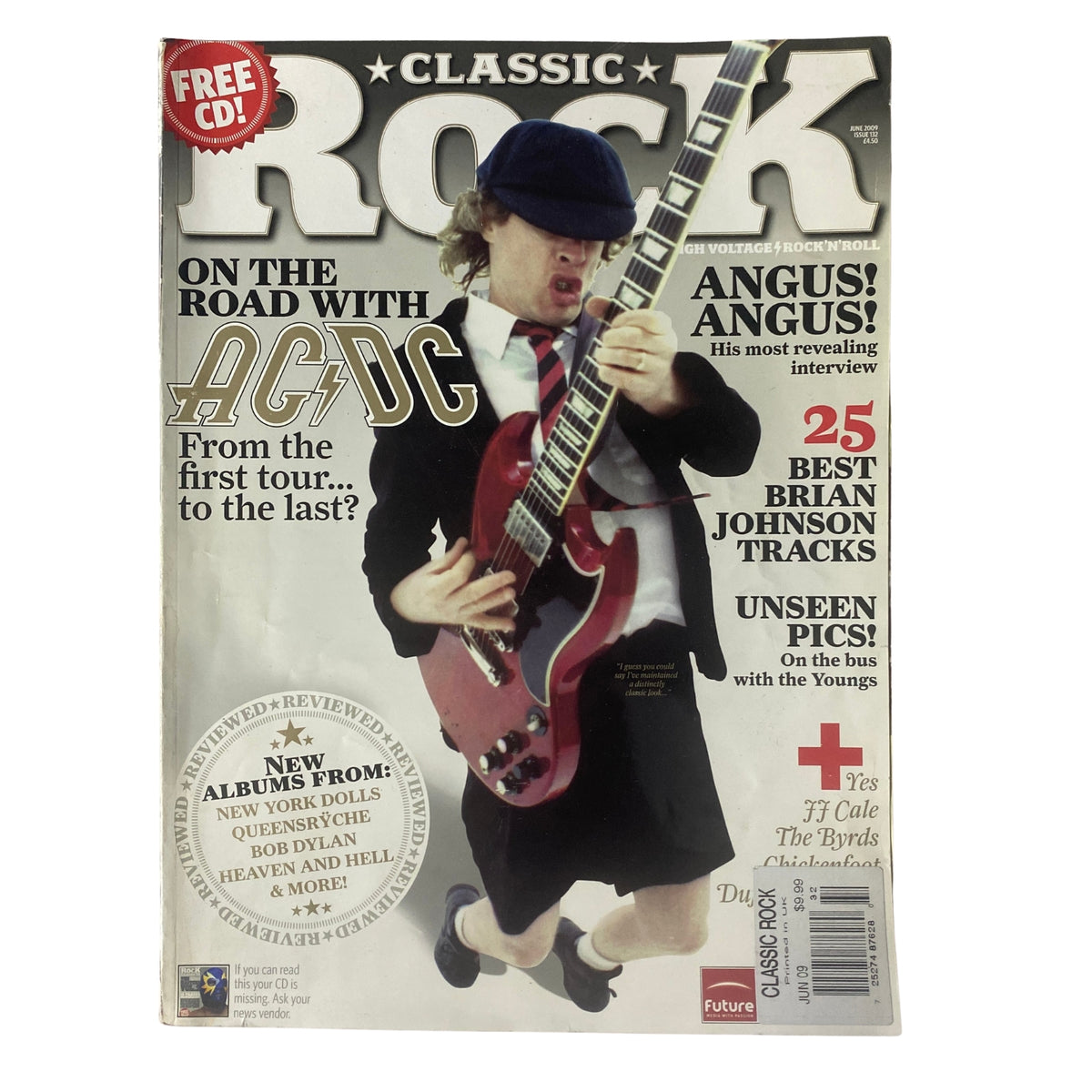 Classic Rock Magazine June 2009 featuring Angus Young of AC/DC on the cover, showcasing an energetic performance with his guitar, no CD included.