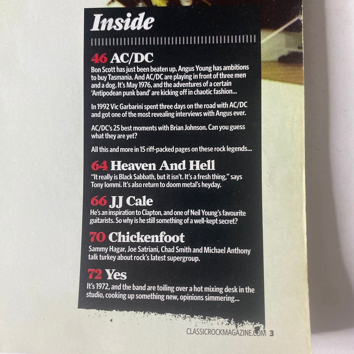 Inside page of Classic Rock Magazine June 2009, highlighting features on AC/DC and other rock legends, including an article index.