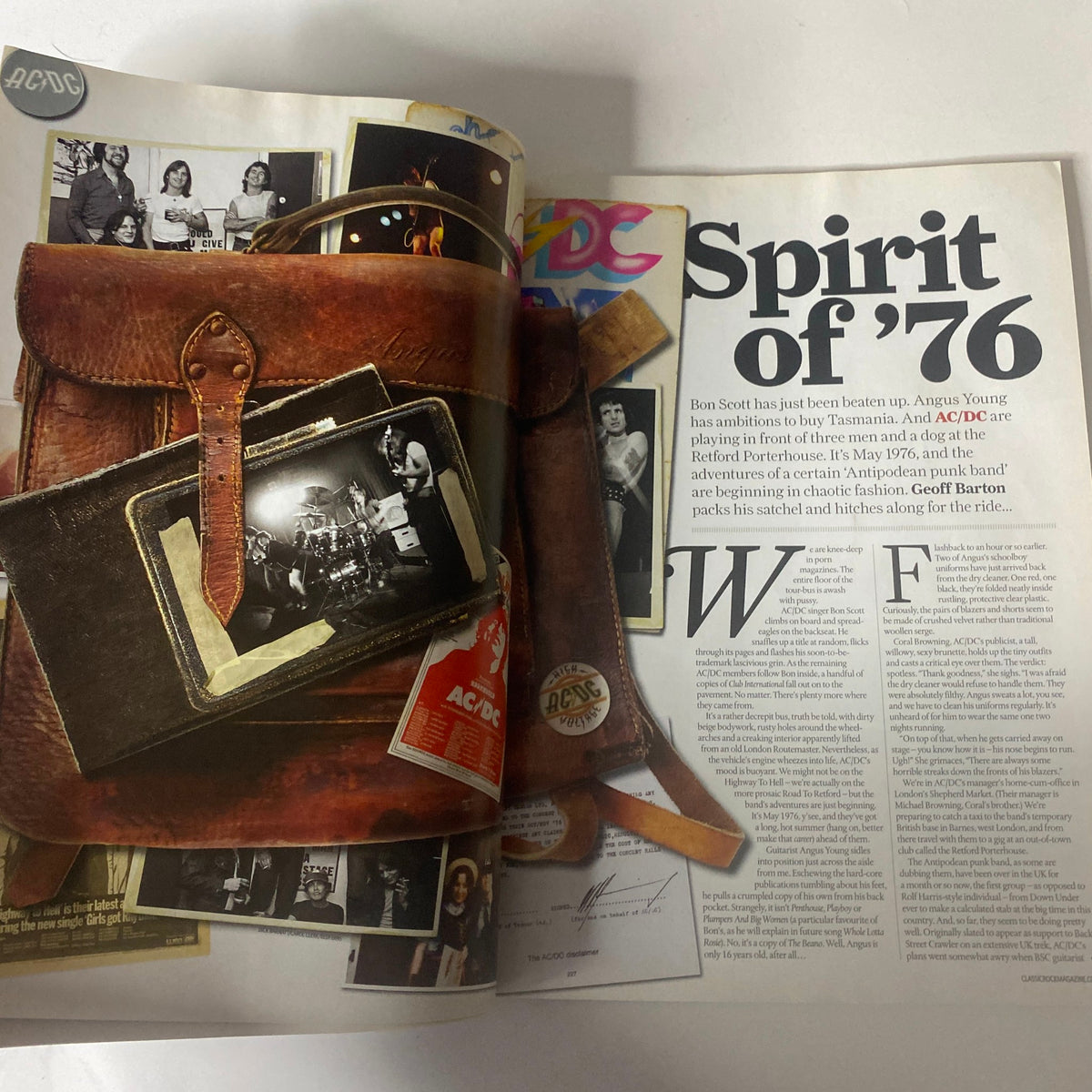 Inside Classic Rock Magazine June 2009, showcasing the 'Spirit of '76' article with images of Angus Young and AC/DC memorabilia.