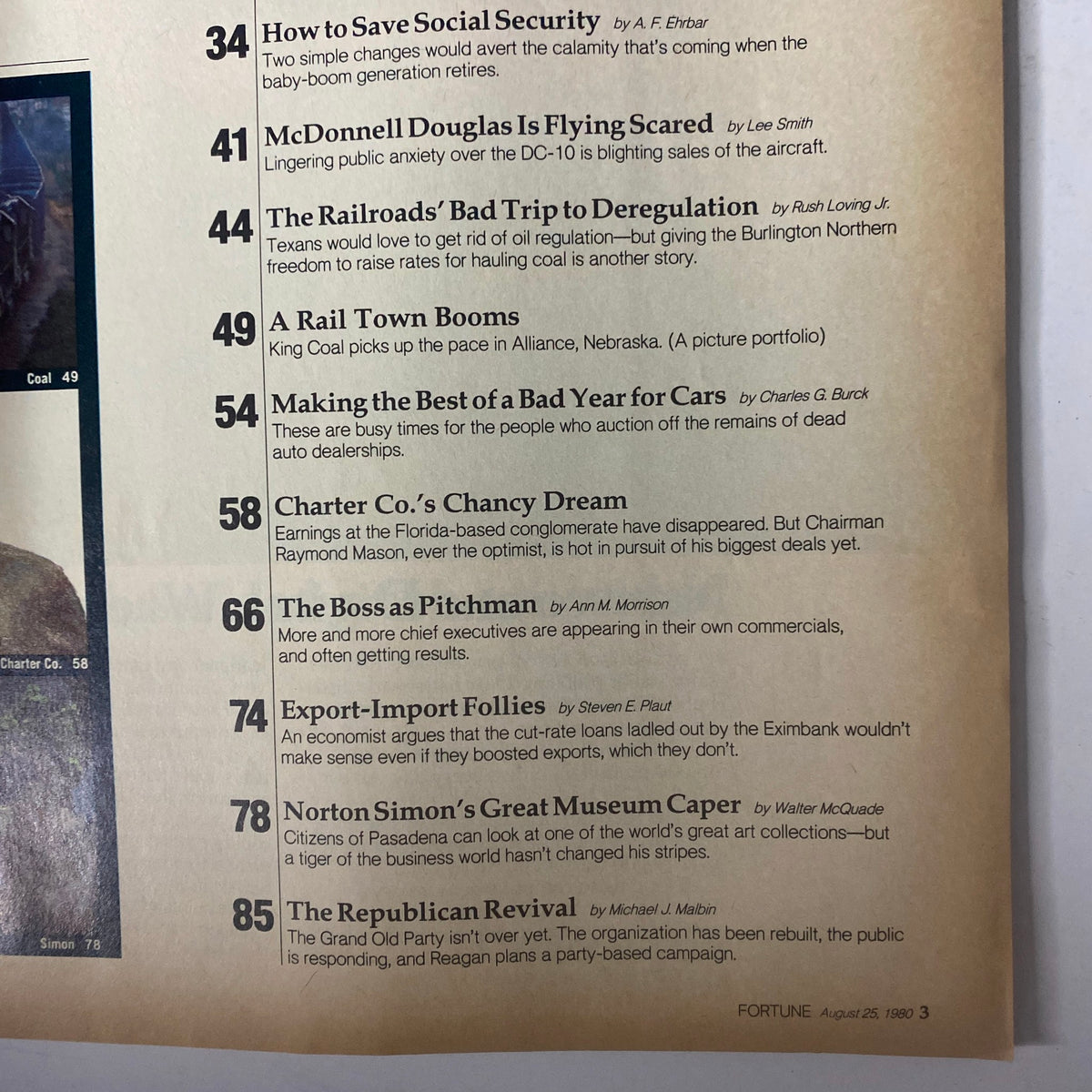 Excerpt from Fortune Magazine August 25, 1980, showcasing features and articles including 'How to Save Social Security' and 'The Boss as Pitchman'.
