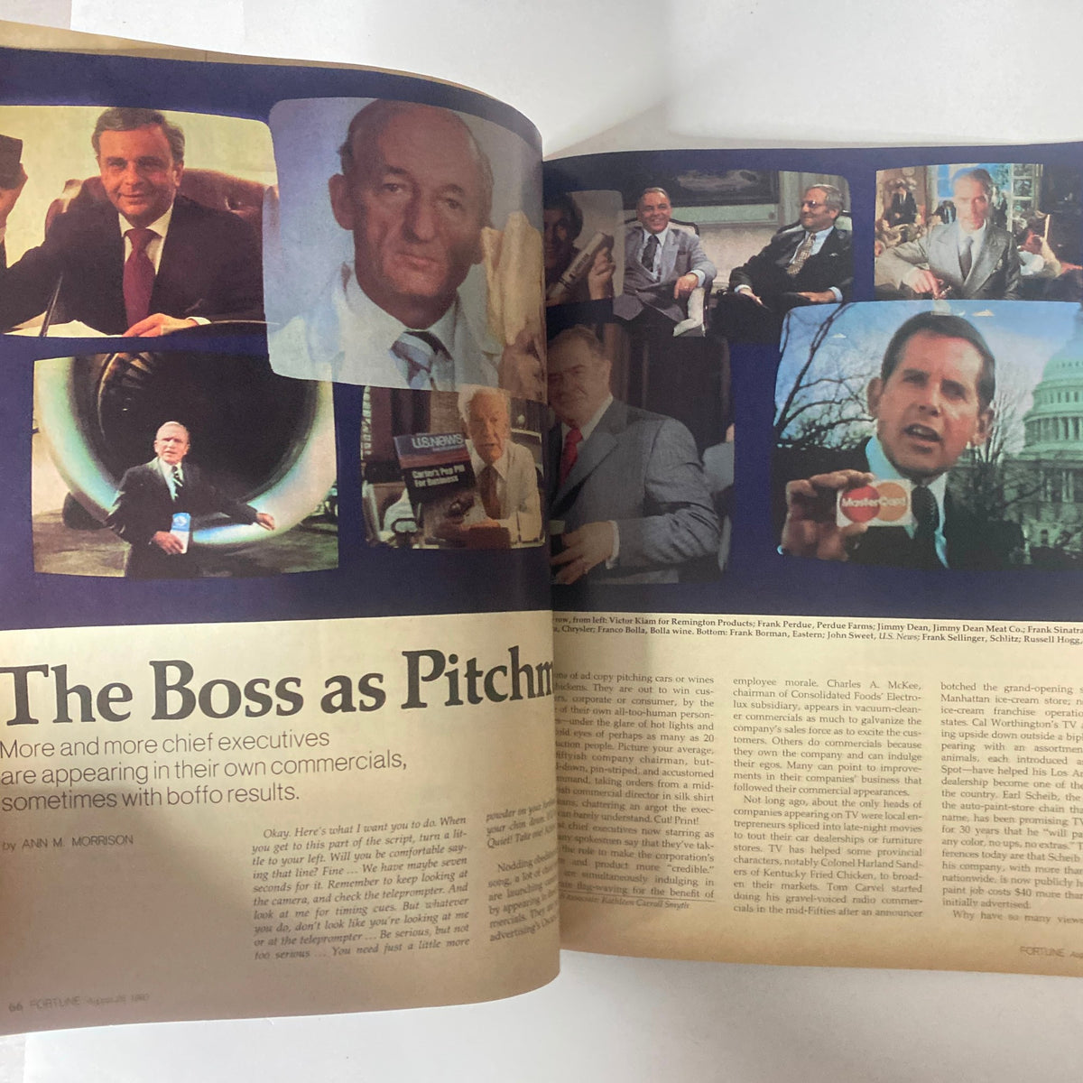 A two-page spread from Fortune Magazine August 25, 1980, discussing the trend of CEOs appearing in commercials, titled 'The Boss as Pitchman' by Ann M. Morrison.