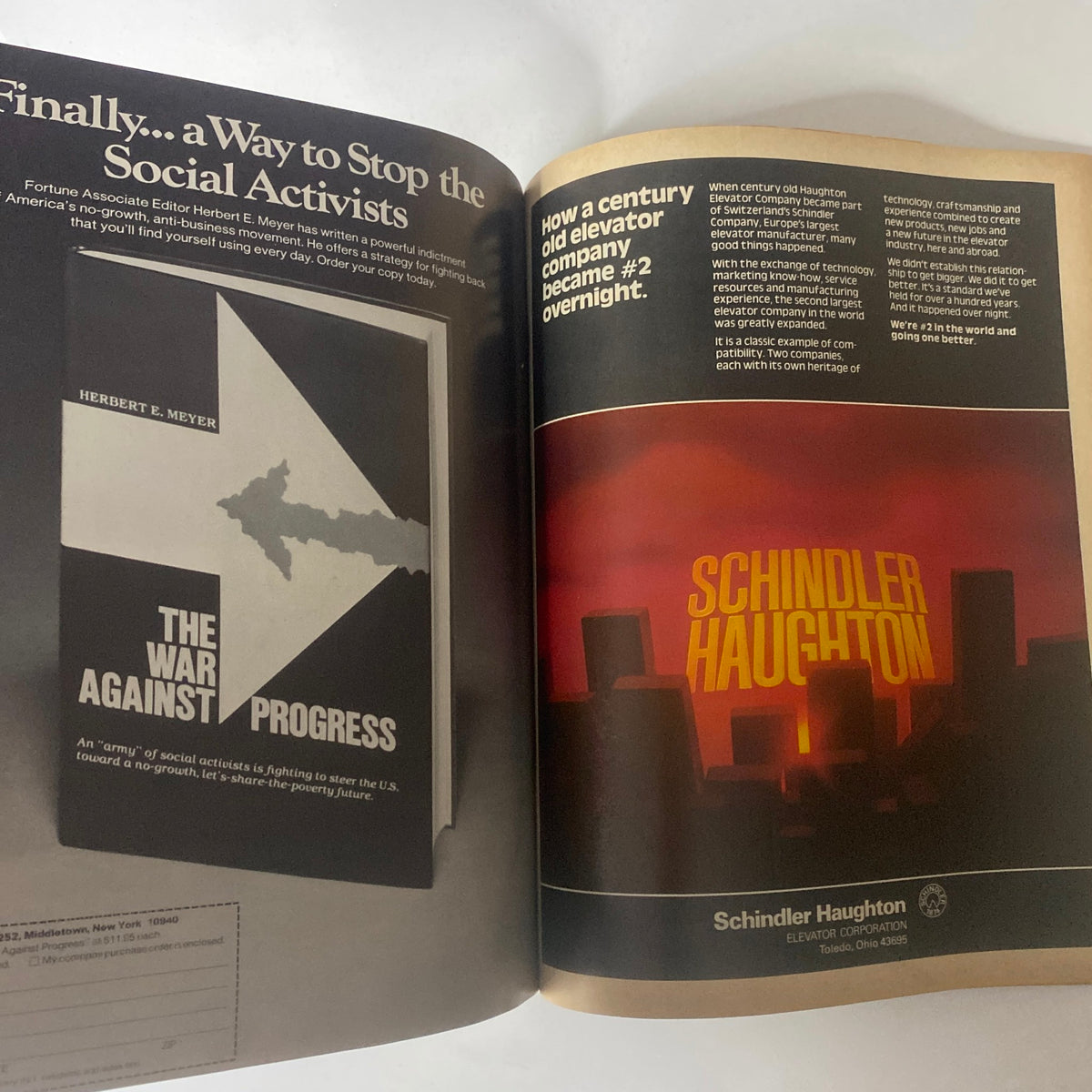 Interior page of Fortune Magazine August 11, 1980 displaying an advertisement for 'The War Against Progress' book and Schindler Haughton, illustrating the theme of corporate responsibility.