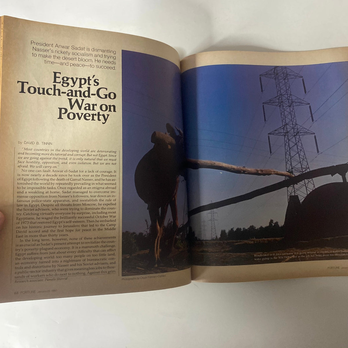 Fortune Magazine January 28, 1980, featuring the article 'Egypt's Touch-and-Go War on Poverty' discussing Anwar El-Sadat's economic reforms, accompanied by an image of power lines and agricultural land.