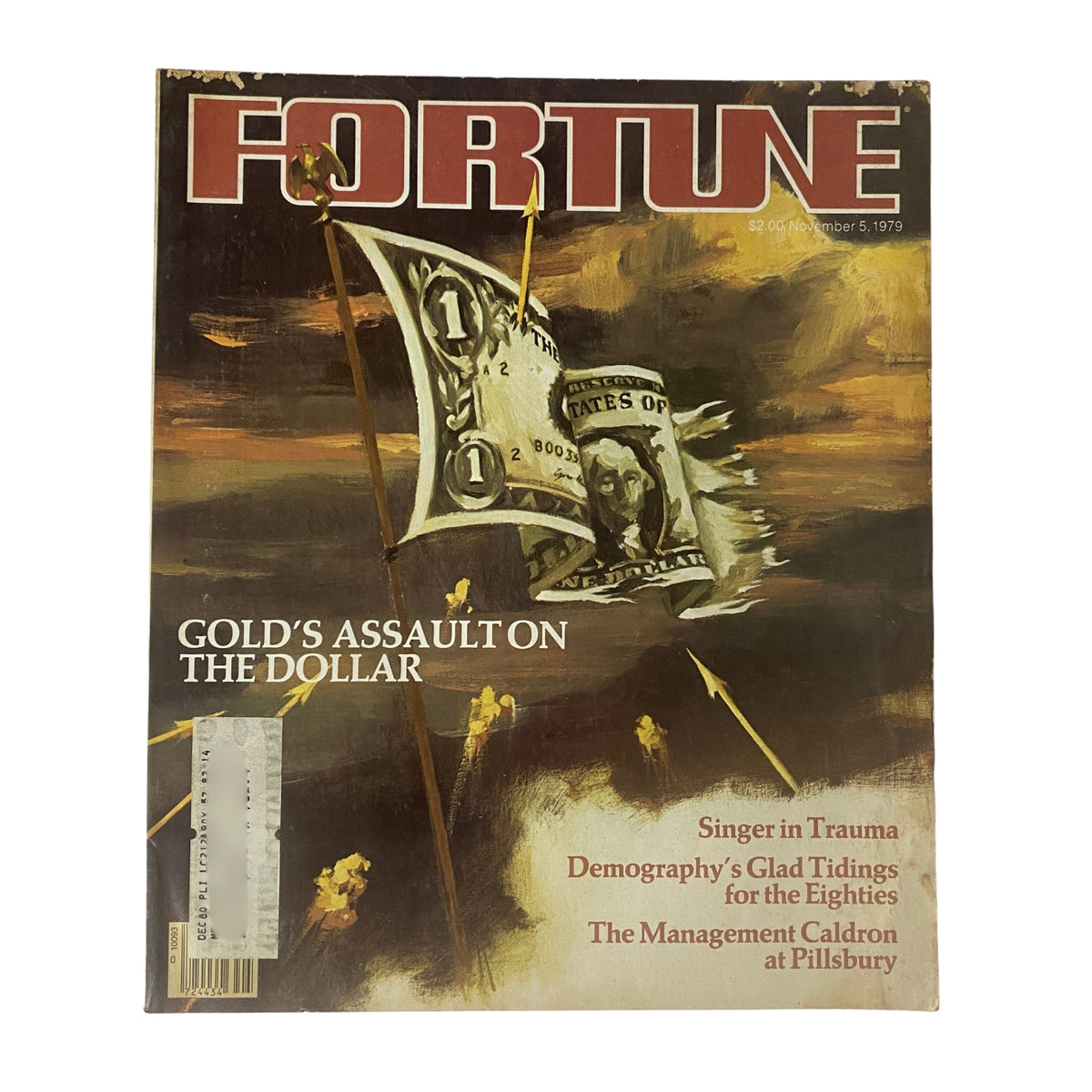 Cover of Fortune Magazine, November 5, 1979, featuring the title 'Gold's Assault on The Dollar' with a dramatic image of a flag and a dollar bill.