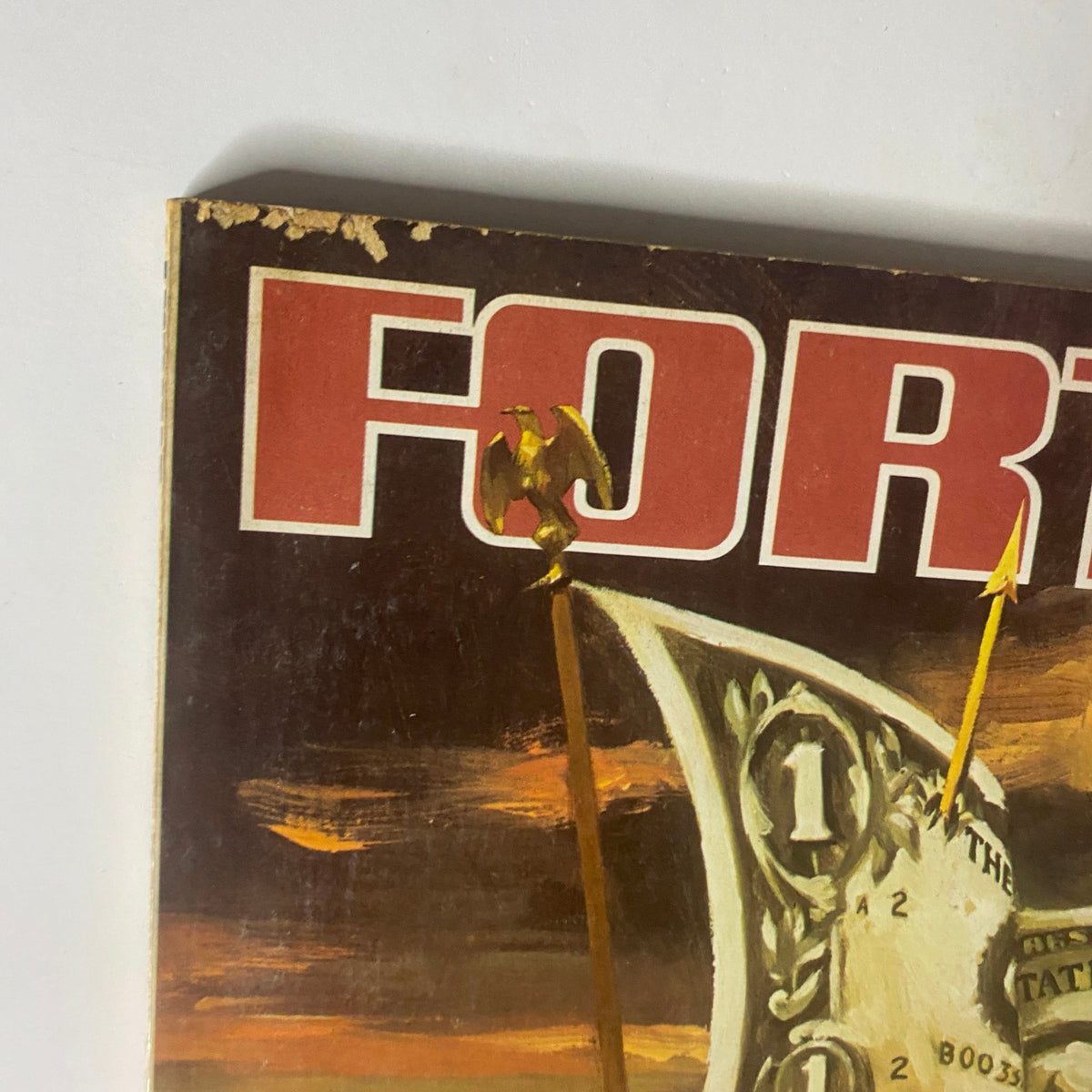 Close-up detail of the Fortune Magazine cover from November 5, 1979, highlighting the title 'Gold's Assault on The Dollar' with an artistic flag and dollar imagery.