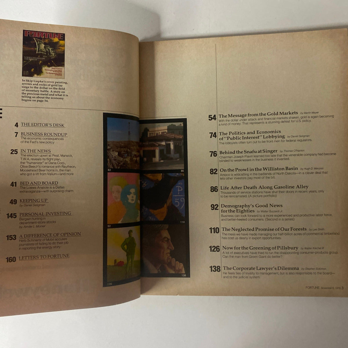 Interior page of Fortune Magazine, November 5, 1979, displaying selected contents including feature articles like 'The Message from the Gold Markets' and 'The Politics and Economics of “Public Interest” Lobbying'.