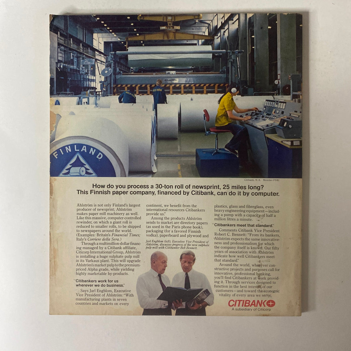 Back cover of Fortune Magazine, November 5, 1979, featuring an advertisement for Citibank, showcasing newsprint production with a focus on technology and information.