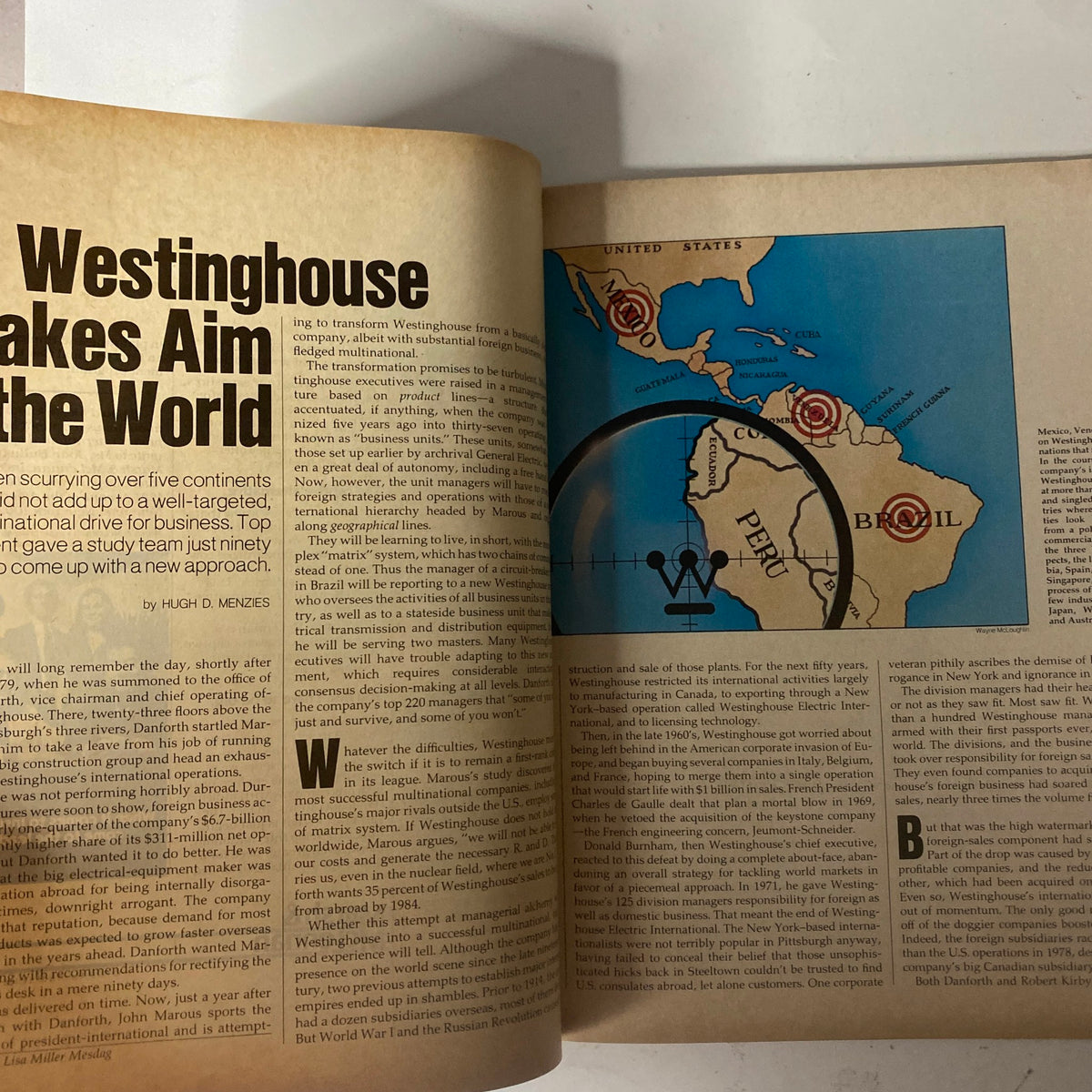 An article from Fortune Magazine, January 14, 1980, titled 'Westinghouse Takes Aim at the World', illustrating a map with strategic highlights of international business expansion.