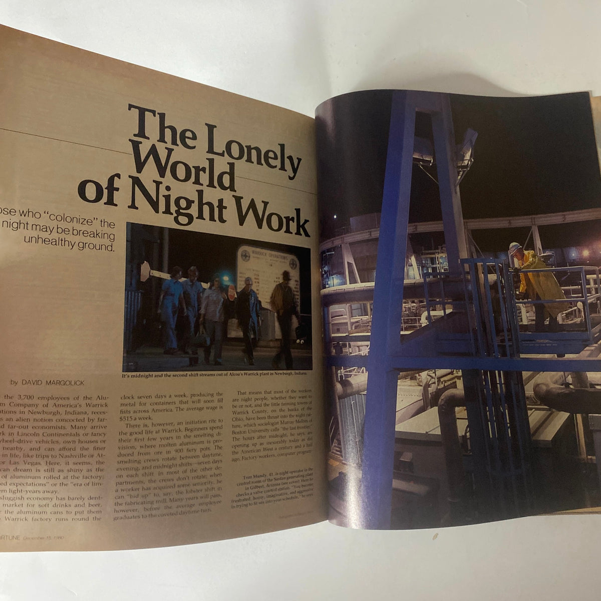 The article titled 'The Lonely World of Night Work' from Fortune Magazine December 15, 1980, depicting workers in nighttime settings.