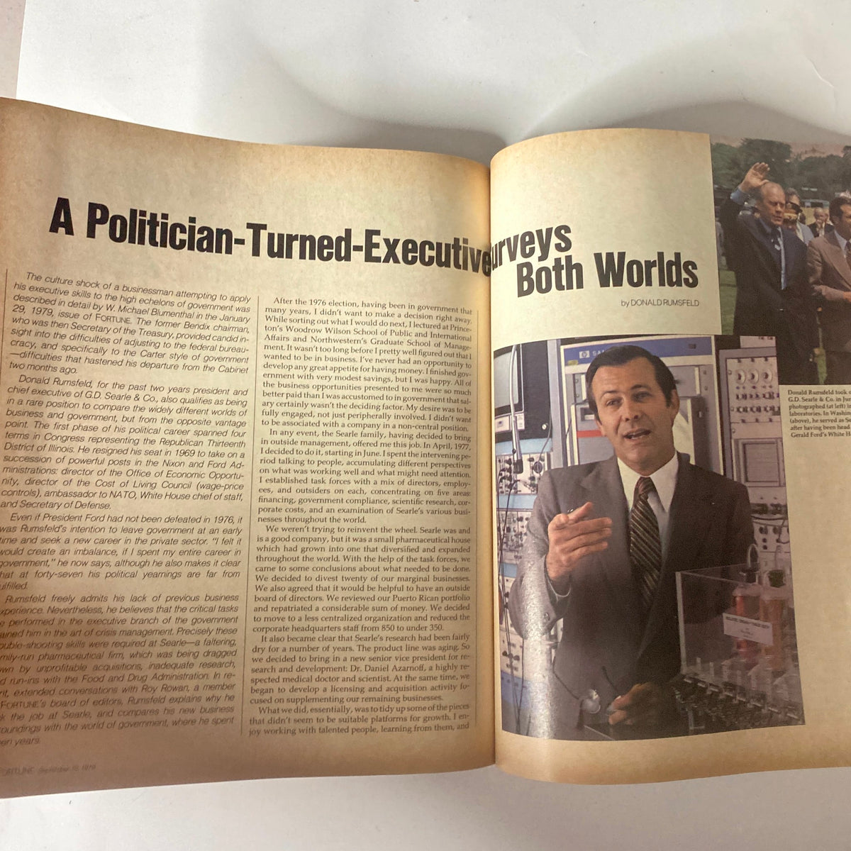 Article page from Fortune Magazine September 10, 1979, titled 'A Politician-Turned-Executive Surveys Both Worlds,' featuring insights from Donald Rumsfeld.