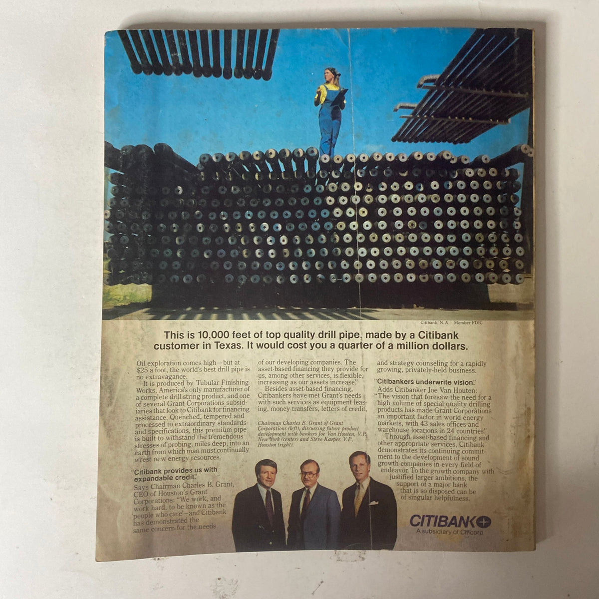 Back cover of Fortune Magazine from September 10, 1979 featuring an advertisement for Citibank, showcasing 10,000 feet of drill pipe made in Texas, highlighting its cost and promoting Citibank's services.