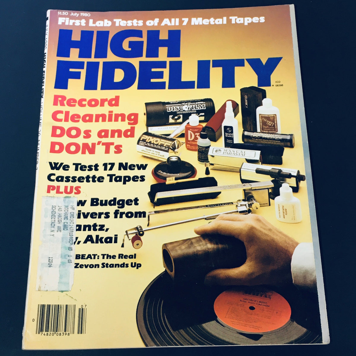 Cover of VTG High Fidelity Magazine July 1980 showcasing record cleaning do's and don'ts, featuring cleaning supplies and a vinyl record, an essential guide for vinyl enthusiasts.