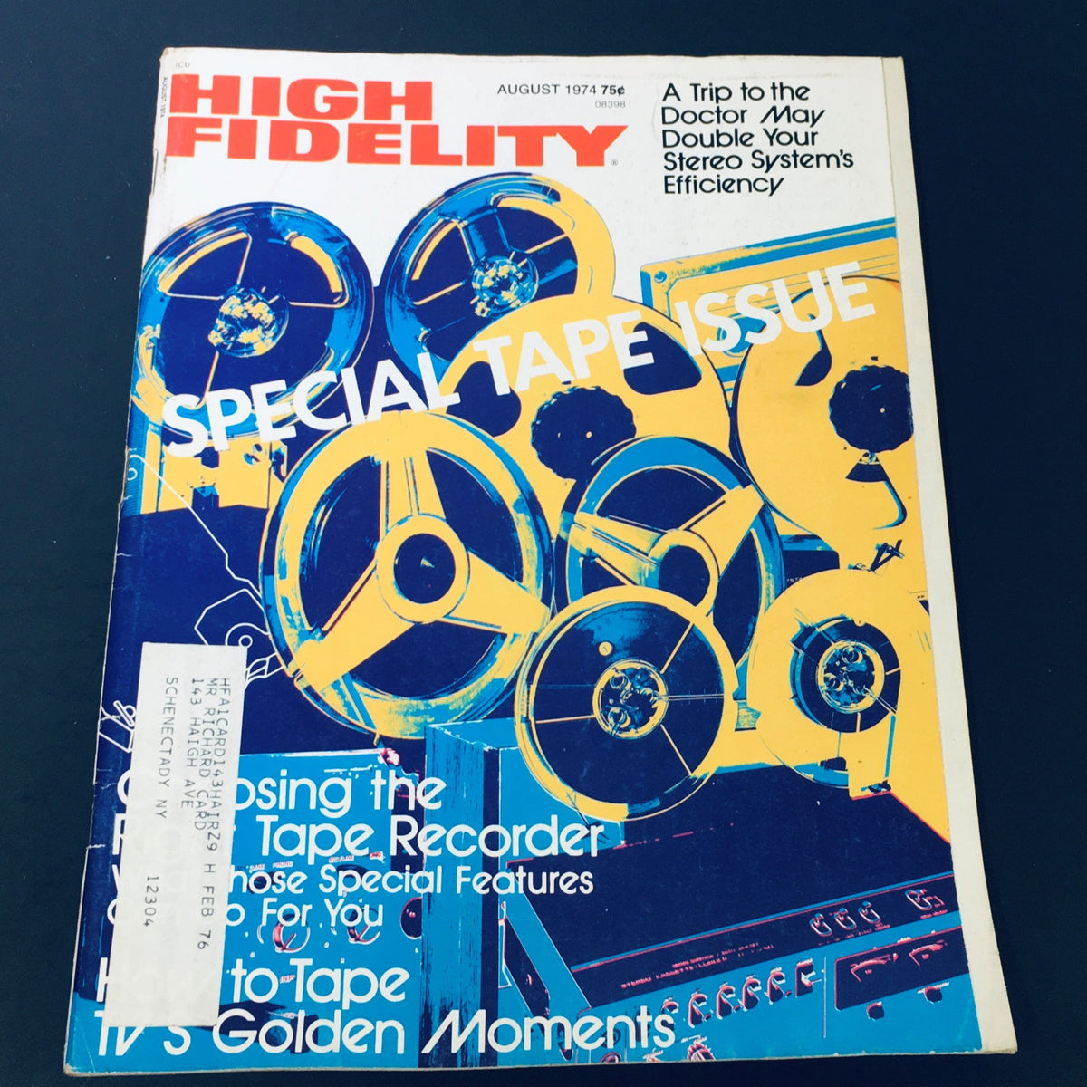 Cover of High Fidelity Magazine, August 1974, featuring the special tape issue with reel-to-reel tape graphics and the headline 'Tape TV's Golden Moments'.