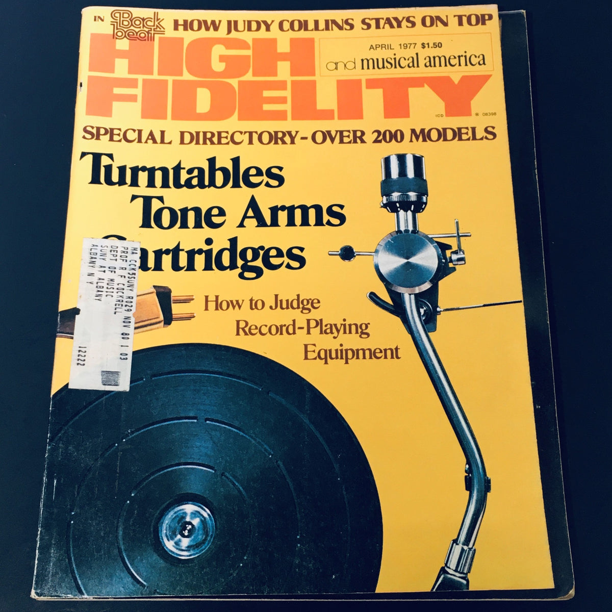 Cover of VTG High Fidelity Magazine April 1977 featuring Turntables, Tone Arms, and Cartridges, showcasing audio equipment and vintage design.