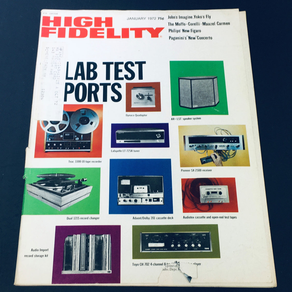 Cover of VTG High Fidelity Magazine January 1972 featuring Niccolò Paganini's New Concerto, showcasing various audio equipment including tape recorders and speakers.