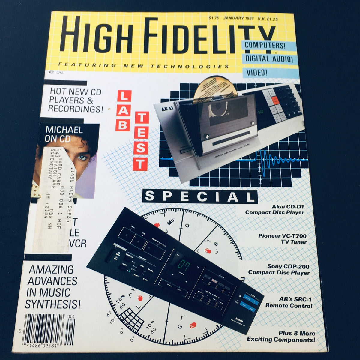 Cover of the VTG High Fidelity Magazine from January 1984 featuring Michael Jackson, highlighting new CD players and technologies. Includes graphics and headlines related to lab tests and audio equipment.
