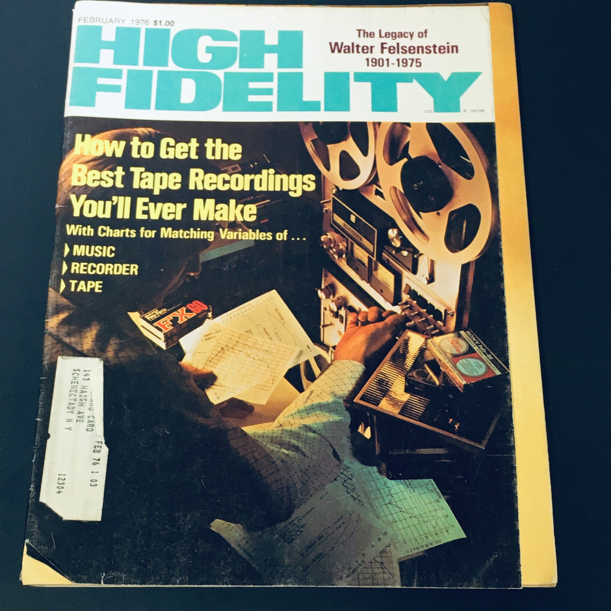 Cover of VTG High Fidelity Magazine February 1976 featuring the article 'How to Get the Best Tape Recordings You'll Ever Make' with visuals of audio equipment and charts, making it a collector's item for music enthusiasts.