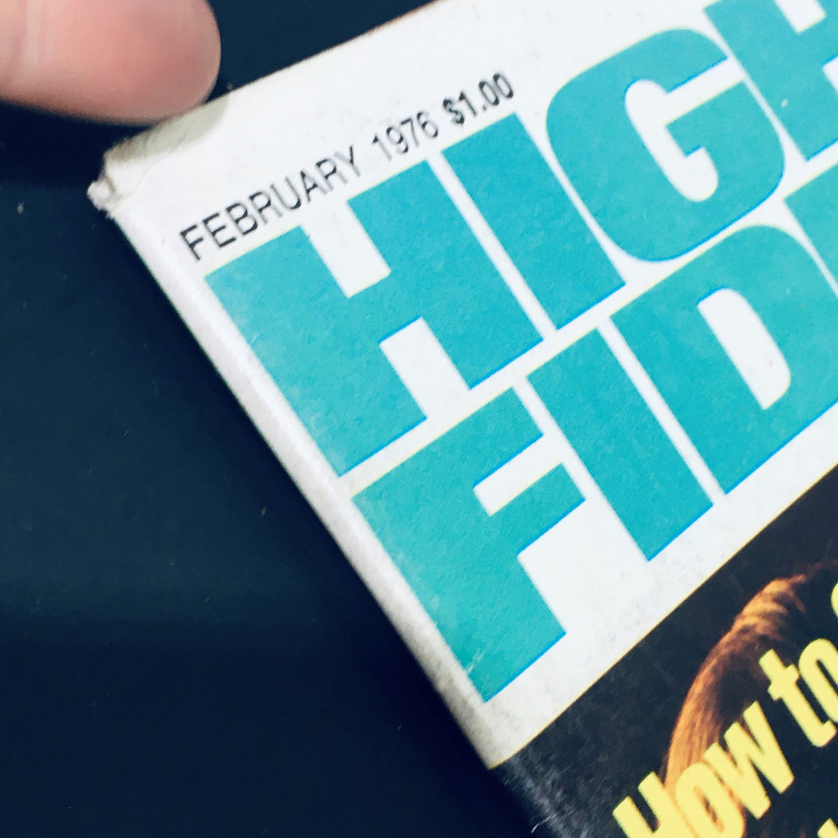Detail of the corner of the VTG High Fidelity Magazine February 1976 showcasing the publication date and price, highlighting its historical significance in music recording.