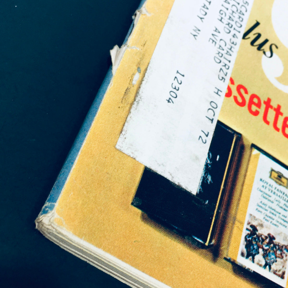 Close-up of the spine of High Fidelity Magazine August 1971, displaying vintage address label and the title features including cassettes and music highlights.