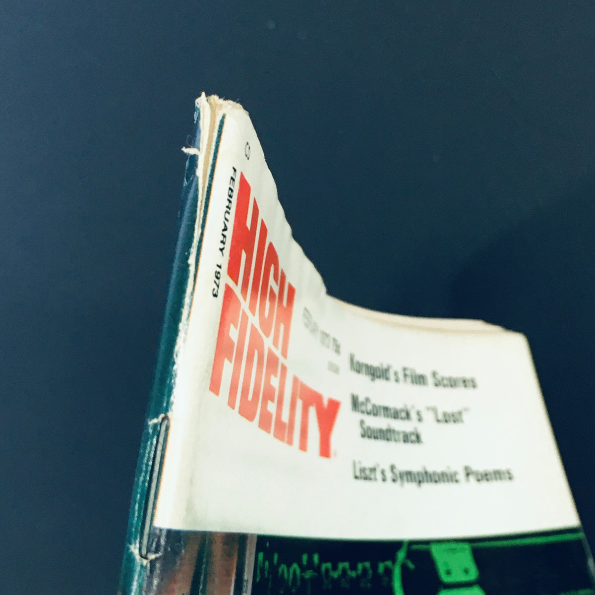 Side view of the VTG High Fidelity Magazine January 1973, showing the date and details related to Korngold's film scores and other music topics.