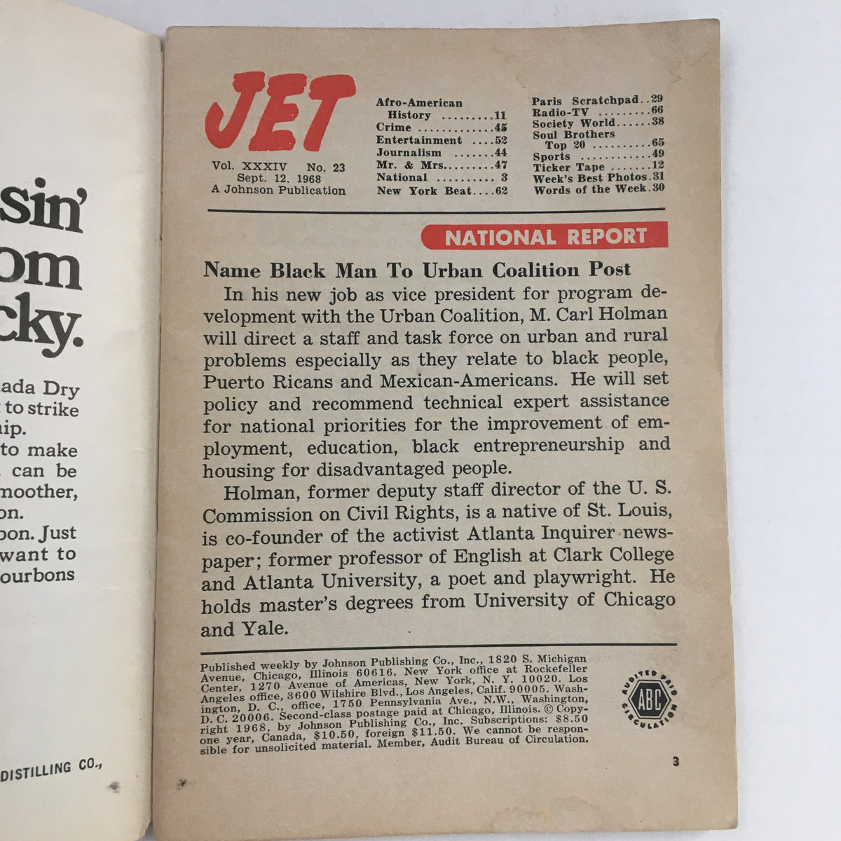 Inside page of Jet Magazine, September 12, 1968, displaying a national report with information about M. Carl Holman and topics affecting the Black community.