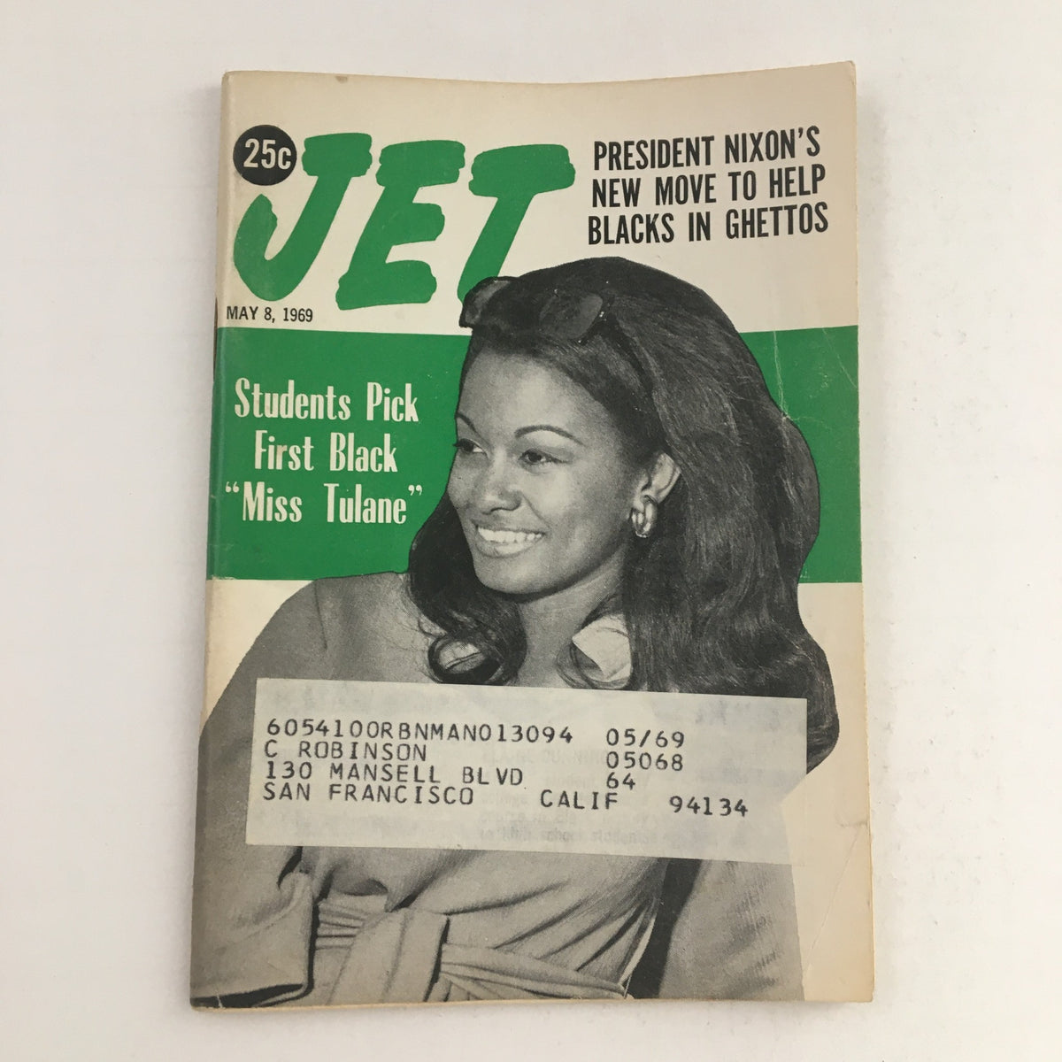 Cover of Jet Magazine dated May 8, 1969, featuring the headline 'Students Pick First Black Miss Tulane' with a photograph of Elaine Cunningham.