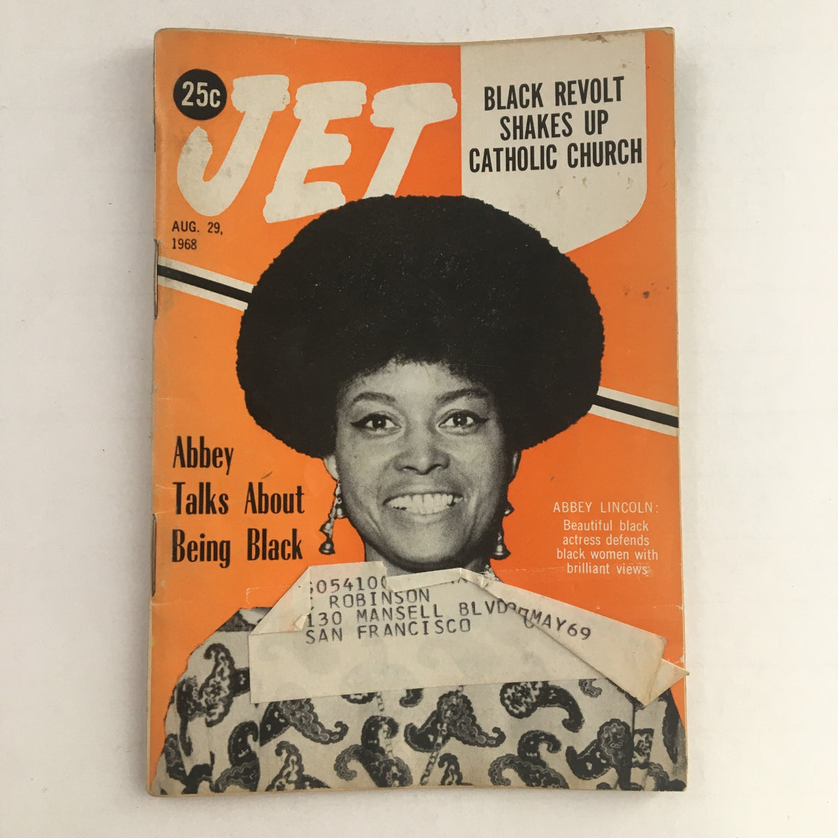 Cover of Jet Magazine, August 29, 1968, featuring actress Abbey Lincoln with the headline 'Abbey Talks About Being Black.' The magazine highlights significant cultural discussions during the Civil Rights Movement.