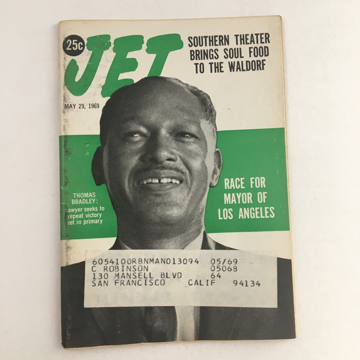 Jet Magazine cover from May 29, 1969, featuring Thomas Bradley, highlighting his race for Mayor of Los Angeles. This vintage magazine showcases a pivotal moment in political history with a portrait image of Bradley and includes an address label.