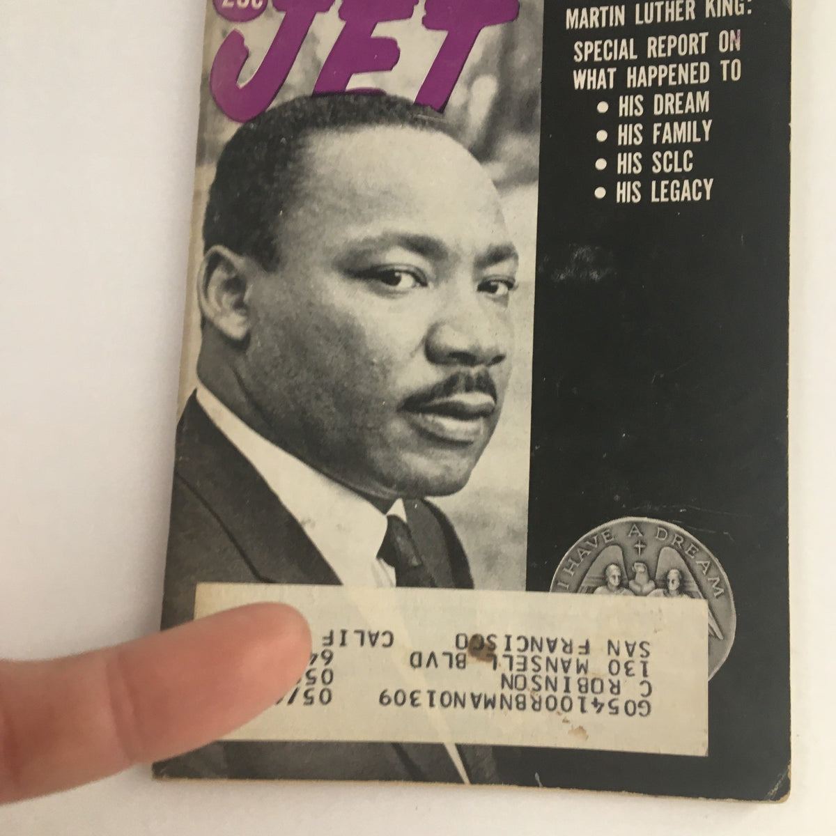 Detailed view of the Jet Magazine April 10, 1969 cover with Martin Luther King Jr., showcasing the special report theme and address label.