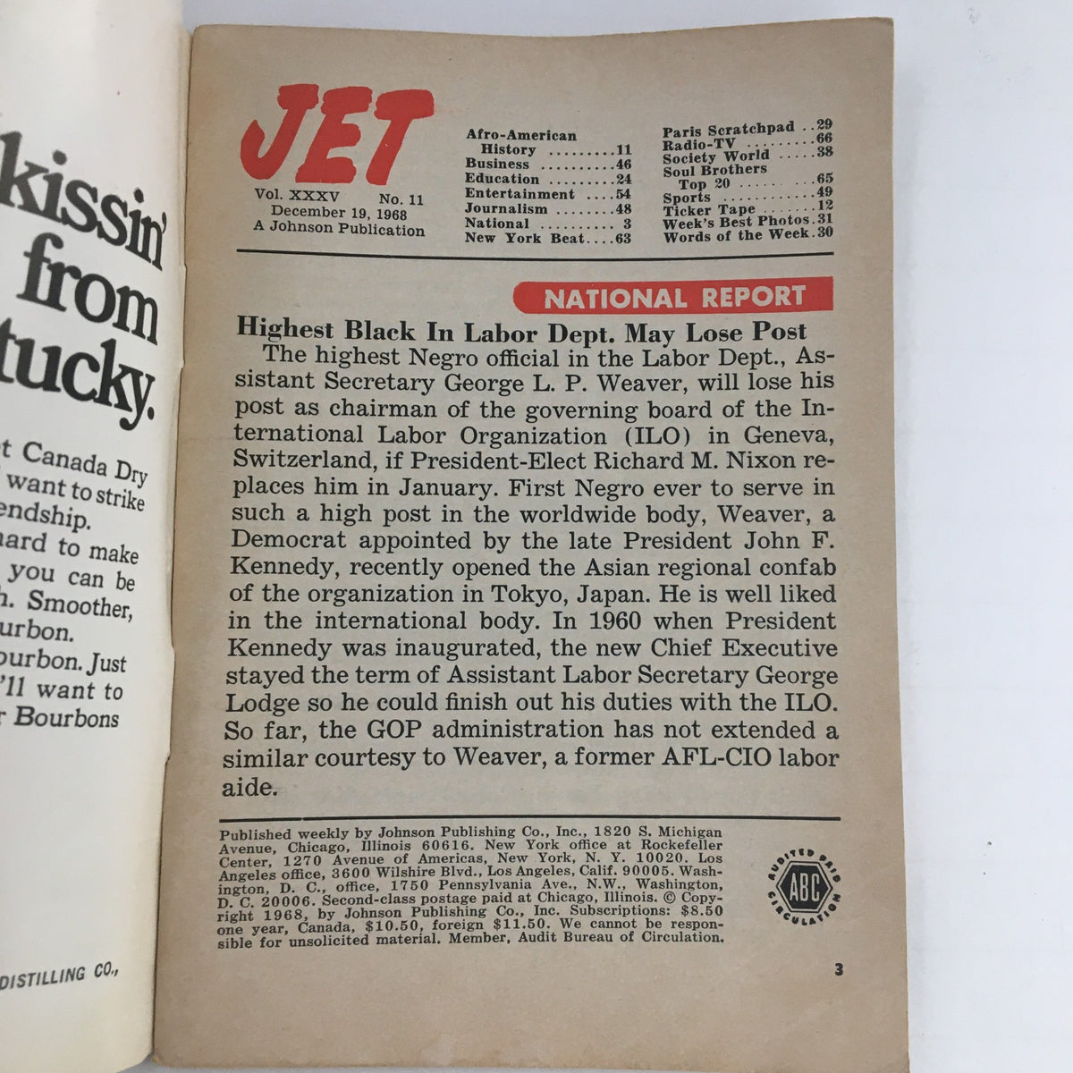 Interior page of Jet Magazine December 19, 1968, showcasing the National Report section discussing the highest Black official in the Labor Department, George L. P. Weaver, and his potential loss of position.