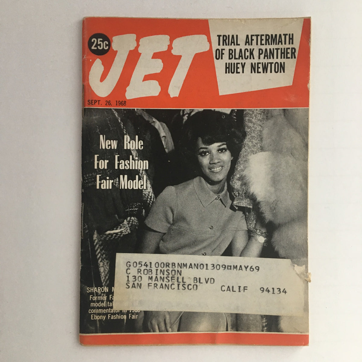 Cover of Jet Magazine from September 26, 1968 featuring Sharon Marshall as a fashion model in the 1968 Ebony Fashion Fair, with a unique address label for authenticity.