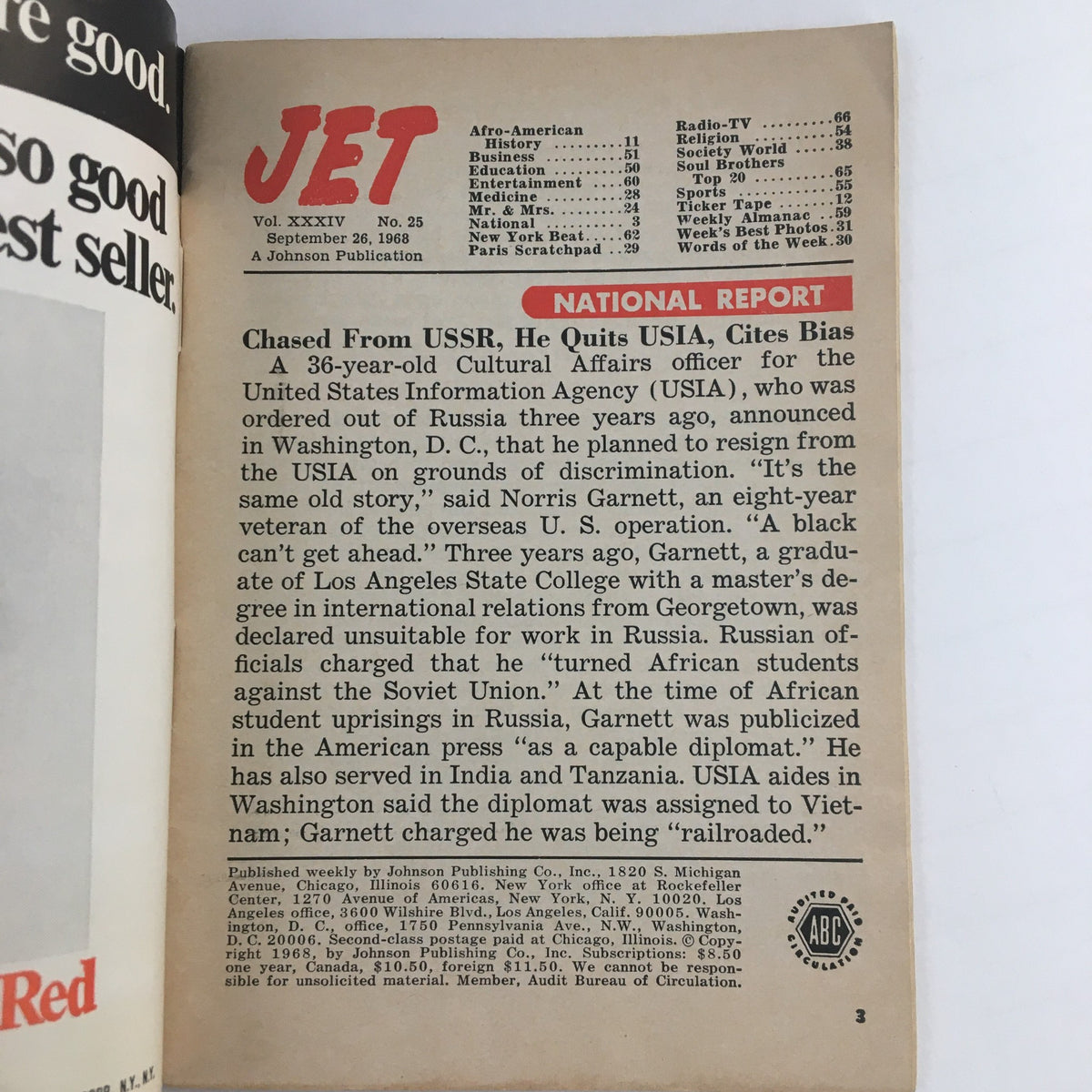 Inside pages of Jet Magazine dated September 26, 1968, highlighting articles on African American history and culture alongside the Ebony Fashion Fair.