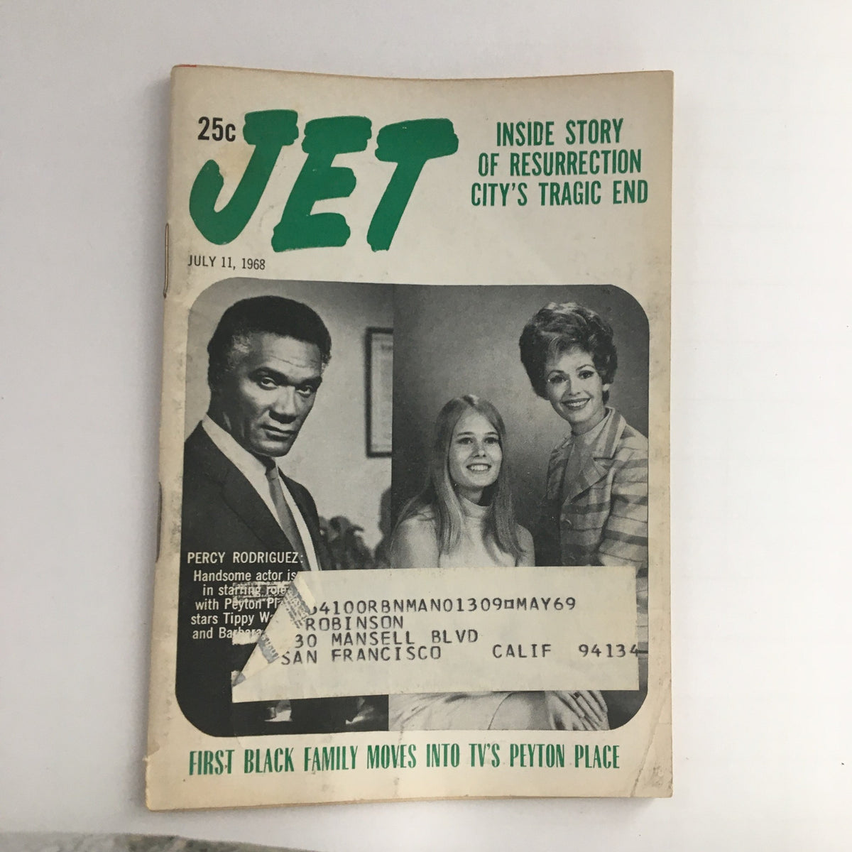 Cover of Jet Magazine from July 11, 1968 featuring actor Percy Rodriguez, Tippy Walker, and Barbara Rush. The cover highlights a significant cultural moment with the tagline 'First Black Family Moves Into TV's Peyton Place.'