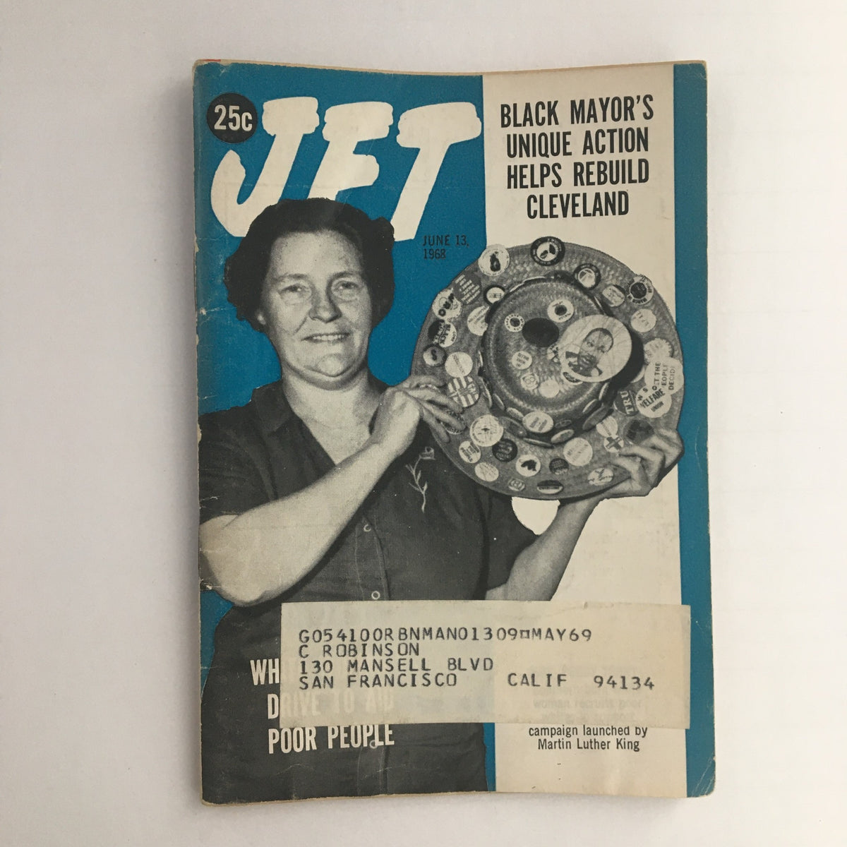 Cover of Jet Magazine from June 13, 1968, featuring Mrs. Peggy Terry supporting the Martin Luther King Campaign, showcasing her holding a badge-covered hat, highlighting civil rights themes.