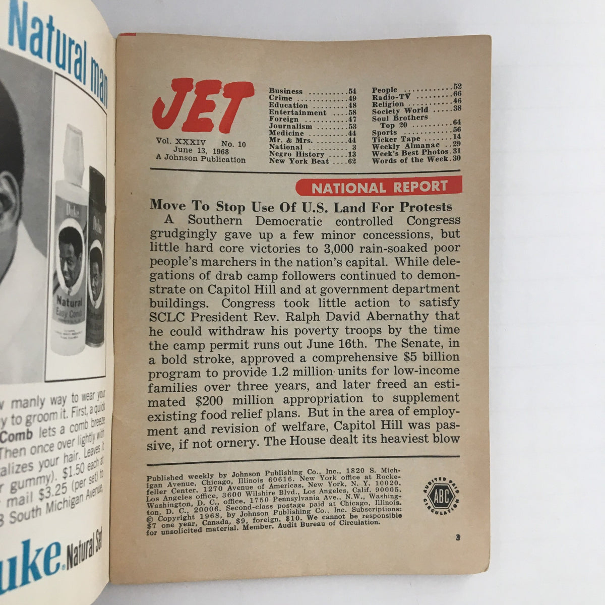 Inside page of Jet Magazine from June 13, 1968, displaying the table of contents and an article on U.S. land use for protests, relevant to the historical context of the civil rights movement.
