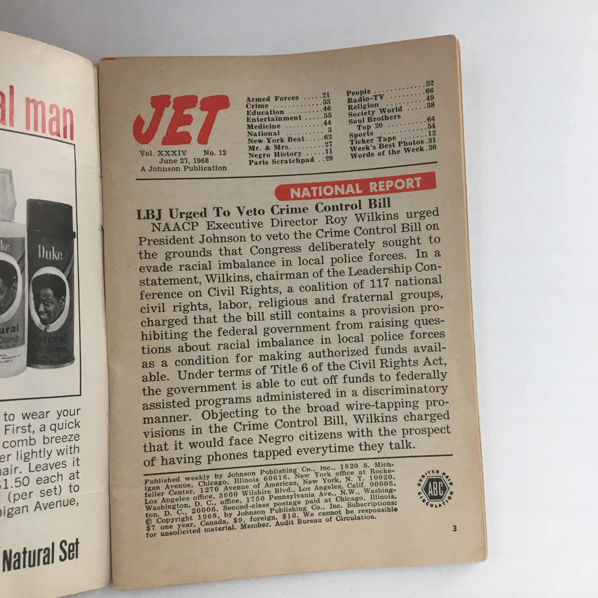 Interior page of Jet Magazine, June 27, 1968, showcasing the contents and headlines, including a national report urging LBJ to veto the Crime Control Bill.