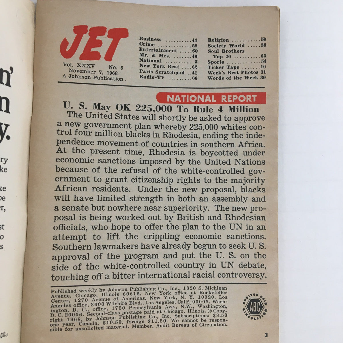 Interior page of Jet Magazine from November 7, 1968, containing articles on political issues, including a national report on Rhodesia.