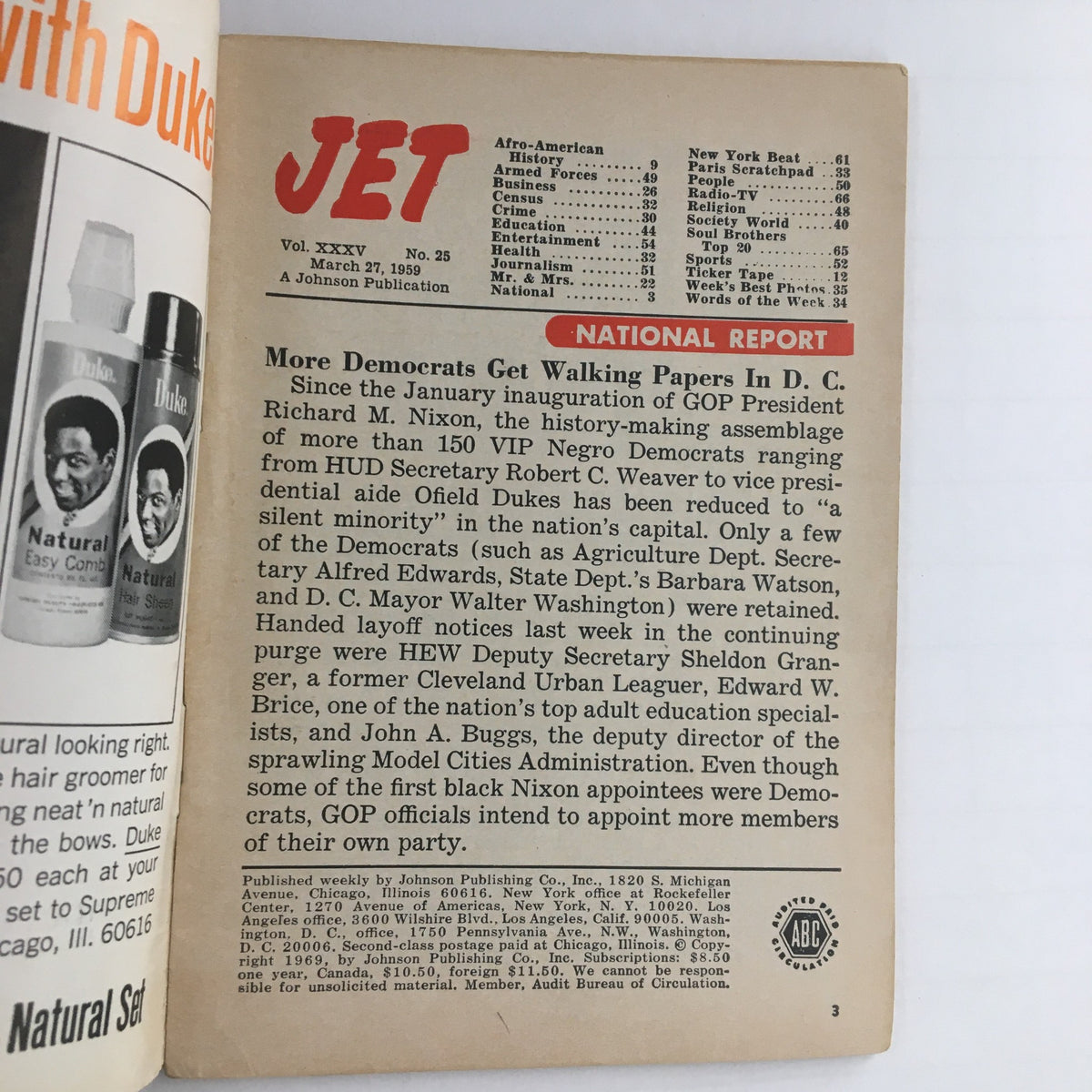 Page from Jet Magazine March 27 1969 containing a national report along with advertisements for hair products, illustrating the magazine's content and themes.