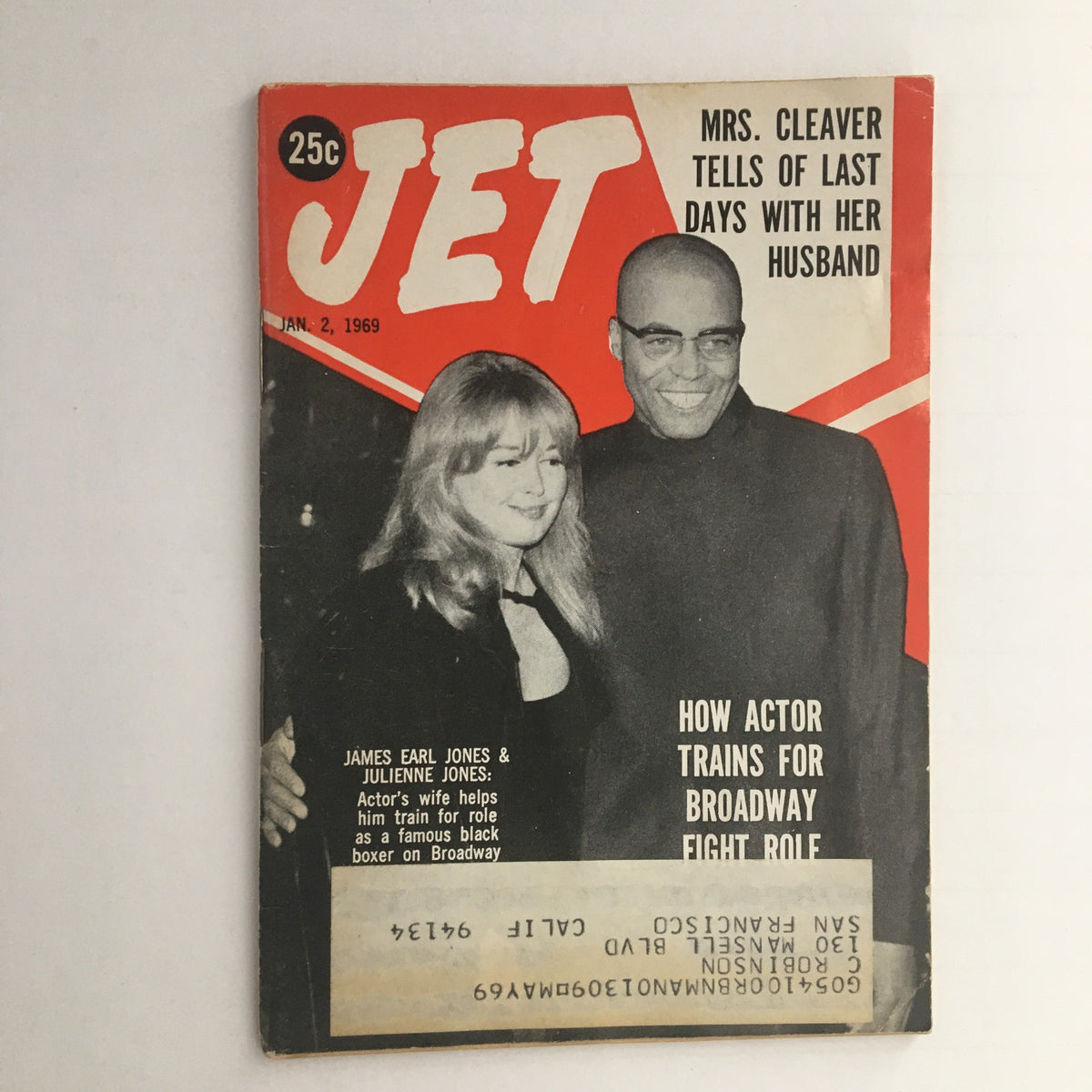 Cover of Jet Magazine dated January 2, 1969 featuring James Earl Jones and his wife Julienne Jones, highlighting their connection to the Broadway play.