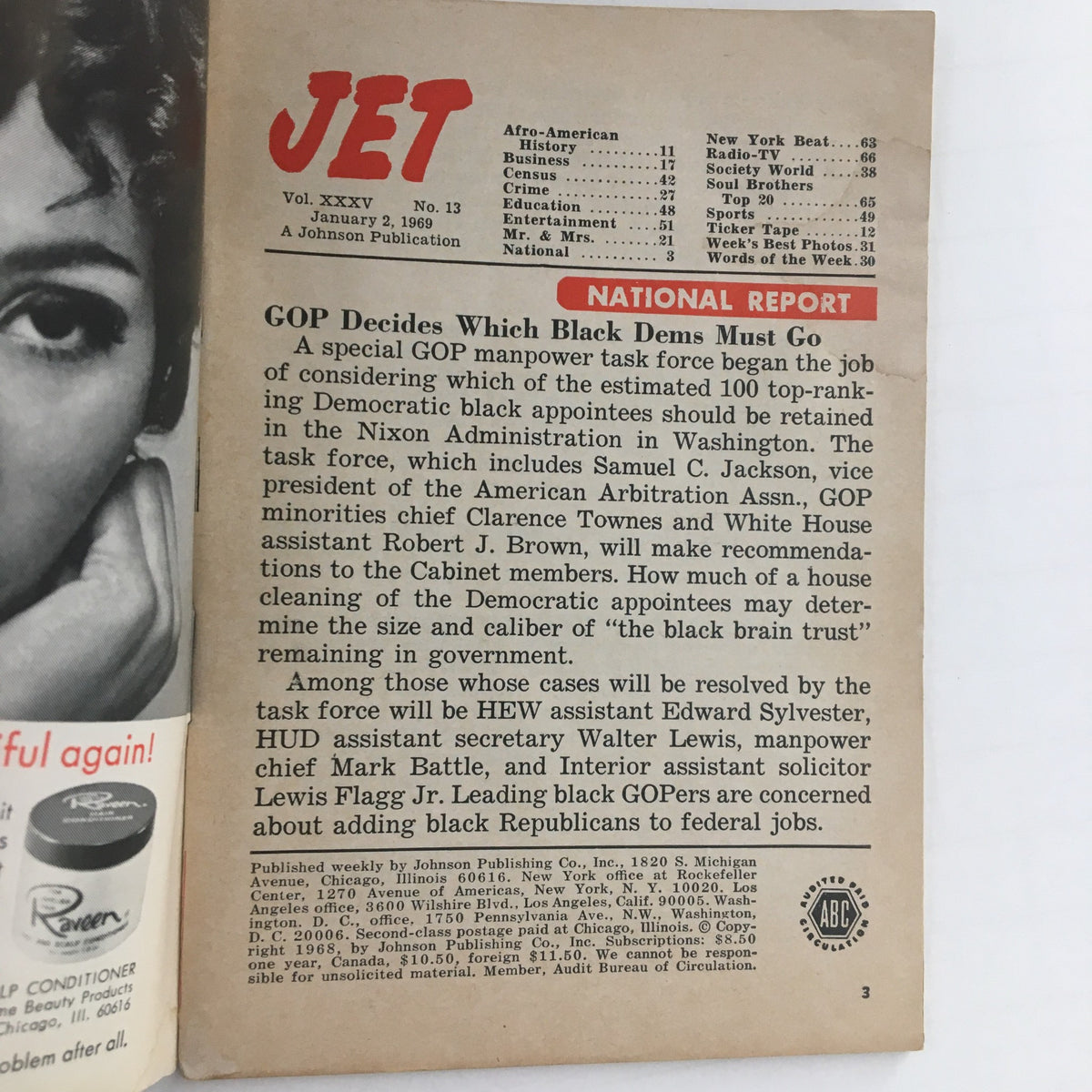 Inside page of Jet Magazine January 2, 1969, showing a National Report section discussing Black Democratic appointees in the Nixon Administration.