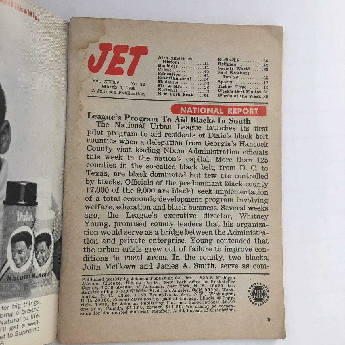Interior page of Jet Magazine, March 6, 1969, showcasing a National Report on programs to aid black communities, along with magazine details.